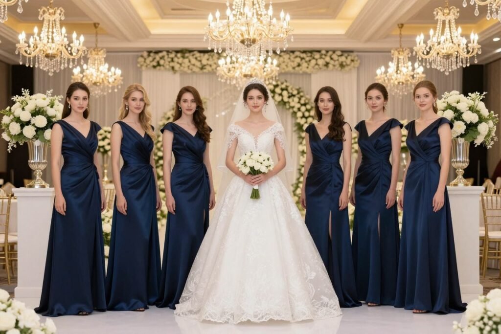 navy satin bridesmaid dress winter wedding indoor