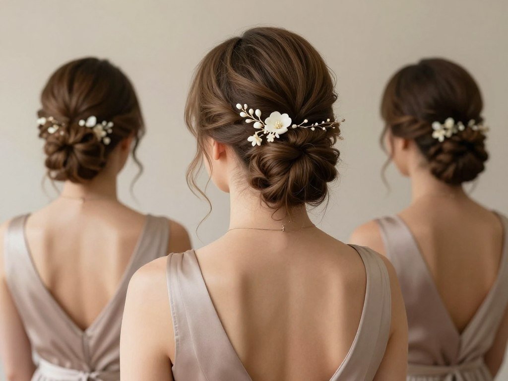 neutral bridesmaid dress styling with coordinated hair accessories
