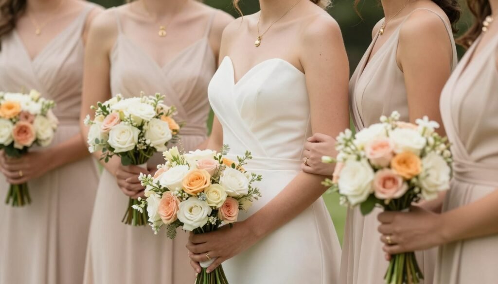 neutral bridesmaid dresses accessorized with jewelry and bouquets