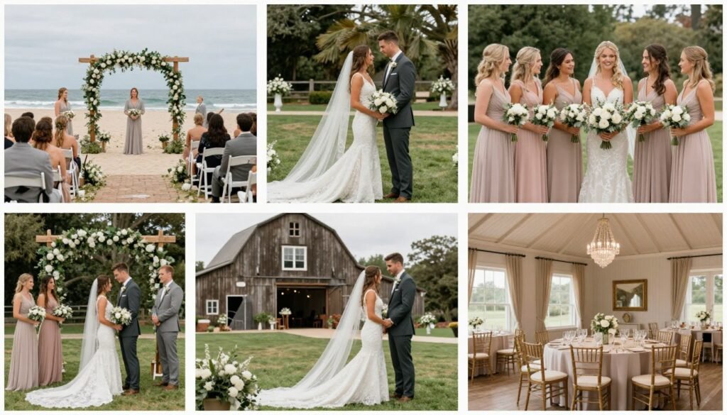 neutral bridesmaid dresses at various wedding venues from beach to ballroom