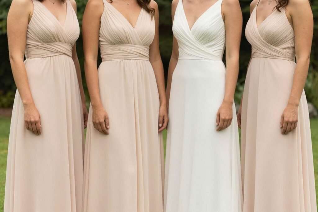 neutral bridesmaid dresses in same fabric but different styles