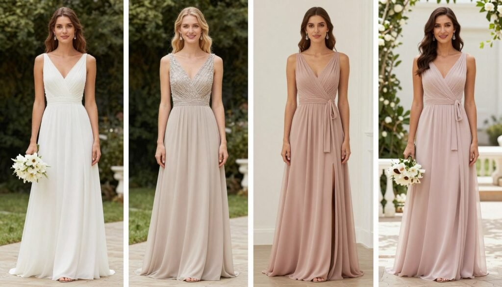 neutral bridesmaid dresses styled for different wedding seasons