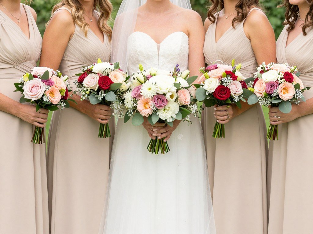 neutral bridesmaid dresses with colorful accessories