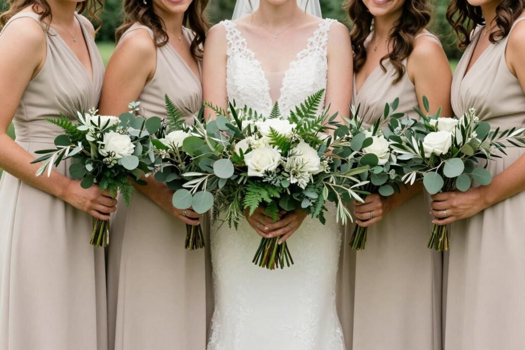 neutral bridesmaid dresses with greenery and eucalyptus bouquets
