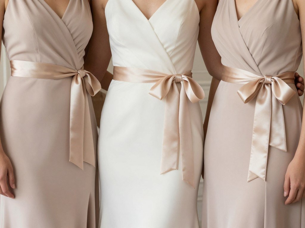 neutral bridesmaid dresses with matching sash details in different styles