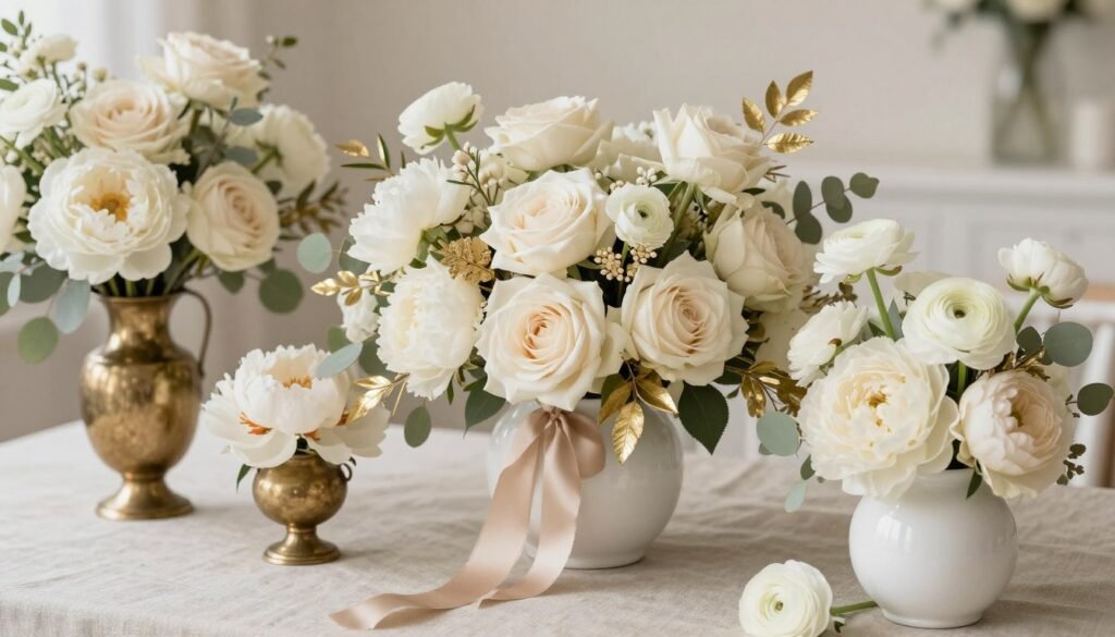 neutral wedding color palette with whites, creams, and gold metallics