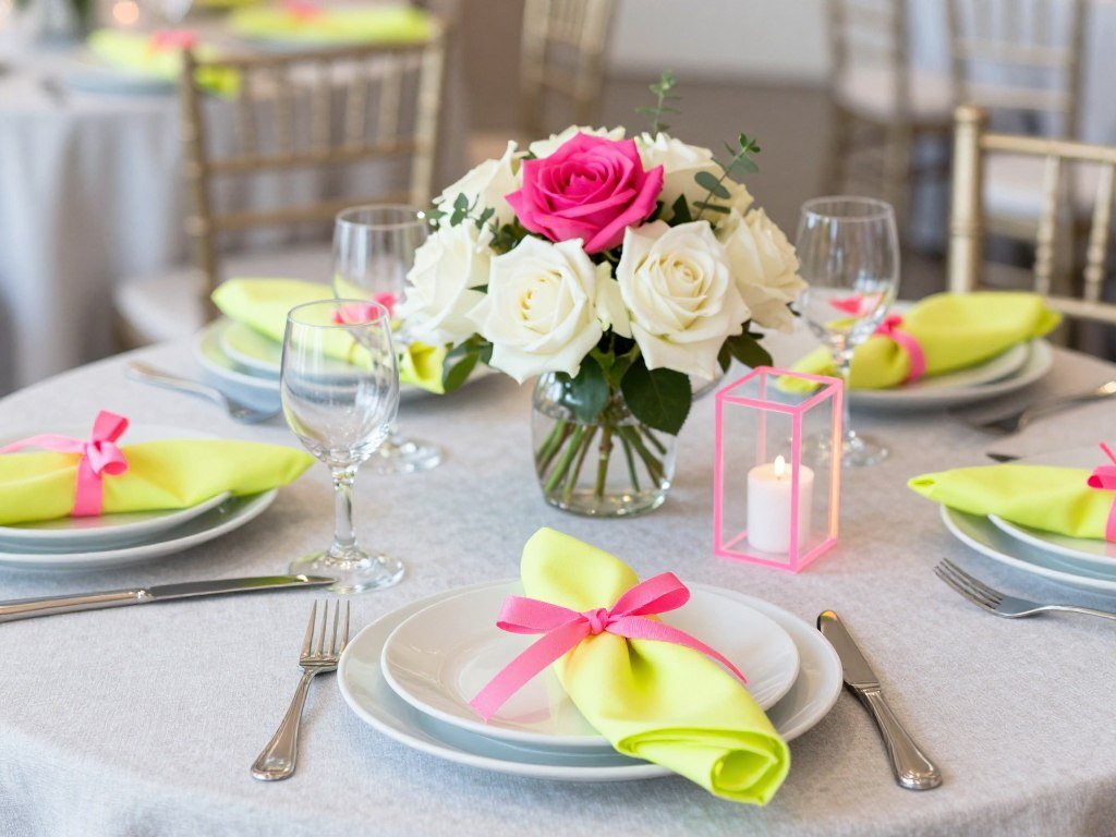 neutral wedding with neon yellow and pink accents