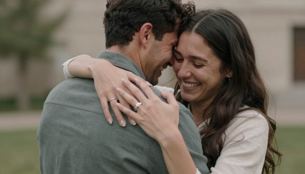 newly engaged couple celebrating after proposal