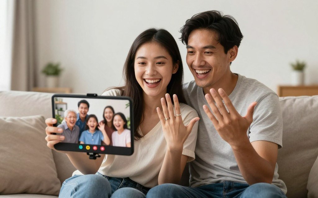 newly engaged couple celebrating and calling family