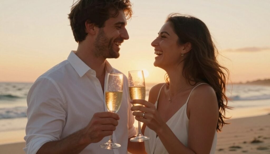 newly engaged couple celebrating on beach after proposal with champagne and sunset newly engaged couple celebrating on beach after proposal with champagne and sunset