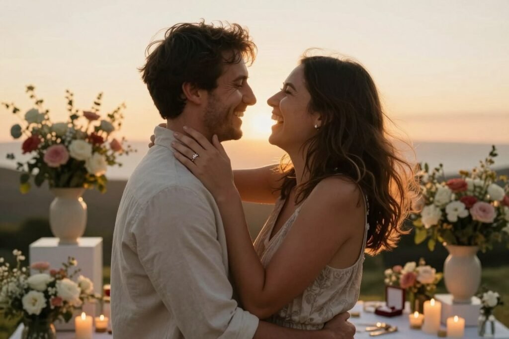 newly engaged couple celebrating their proposal moment