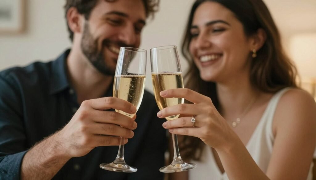 newly engaged couple celebrating with champagne and happiness