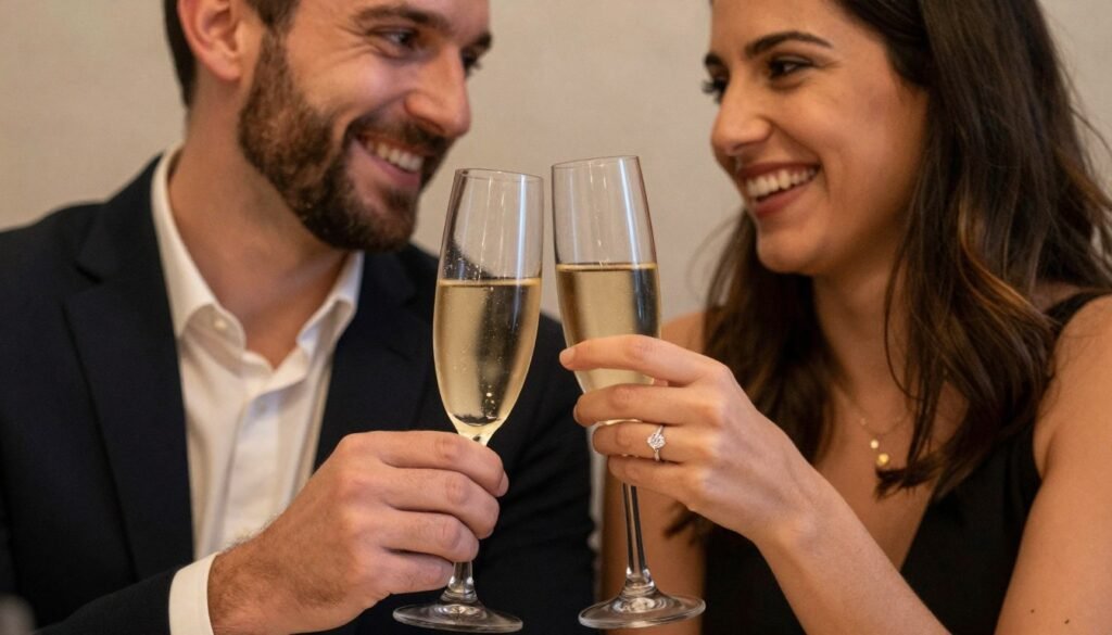 newly engaged couple celebrating with champagne toast
