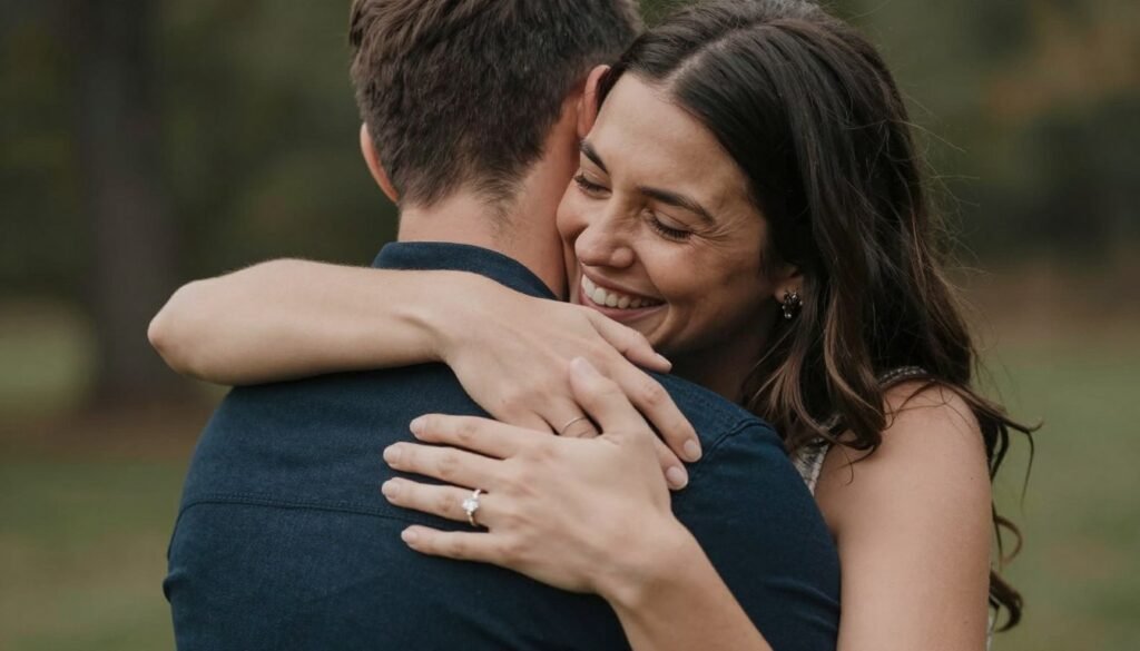 newly engaged couple embracing after proposal