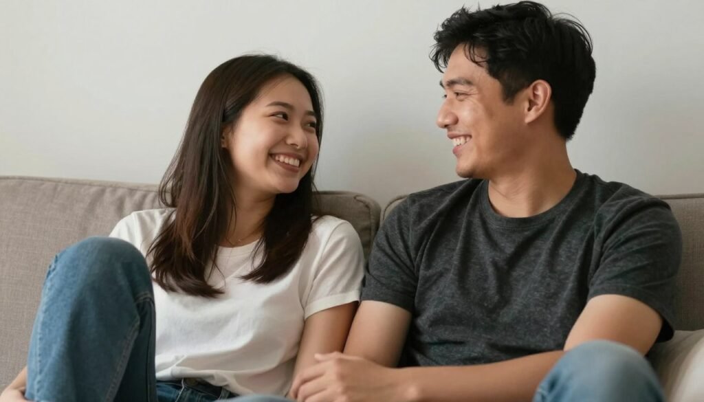 newly engaged couple relaxing together