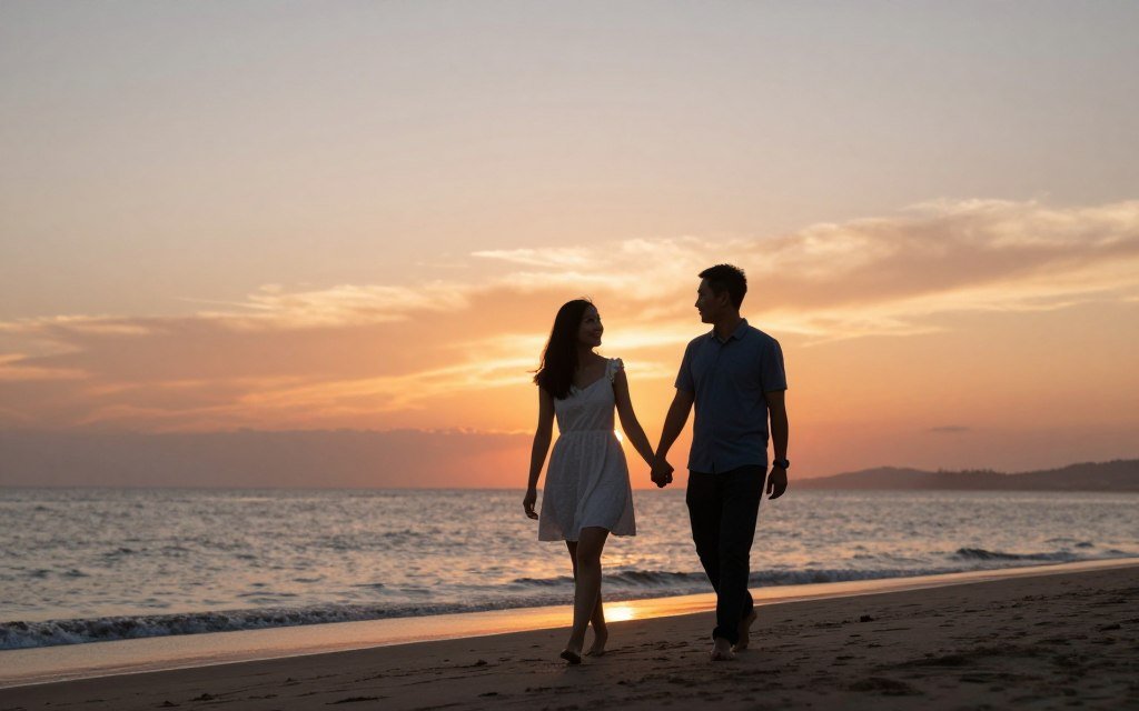 newly engaged couple walking on beach at sunset