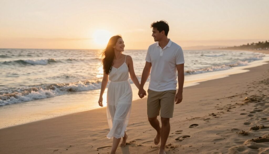 newly engaged couple walking on beach holding hands at sunset