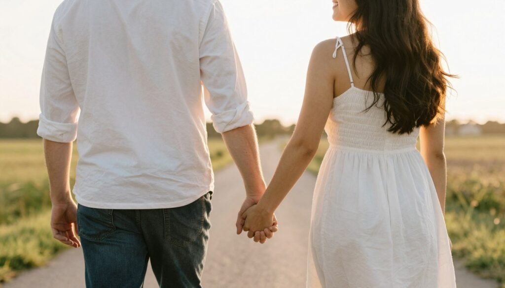 newly engaged couple walking together happily