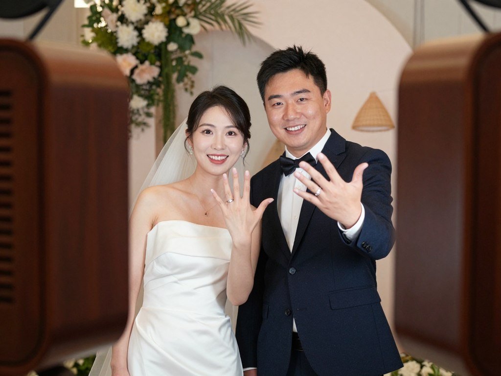 newlyweds showing wedding rings toward camera in photobooth
