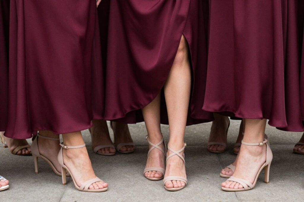 nude heels with satin bridesmaid dress hemline