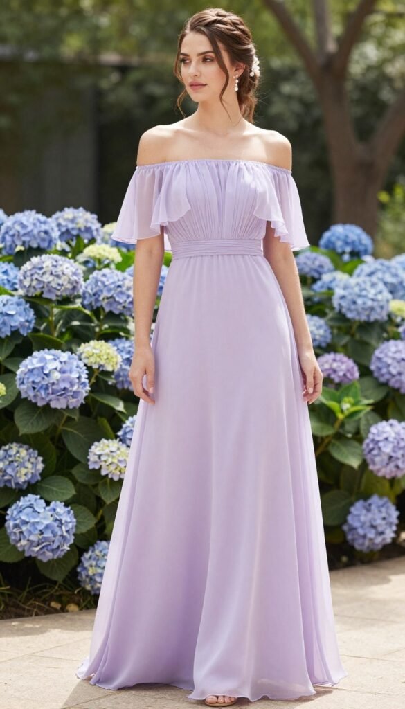 off-shoulder bridesmaid dress romantic garden setting