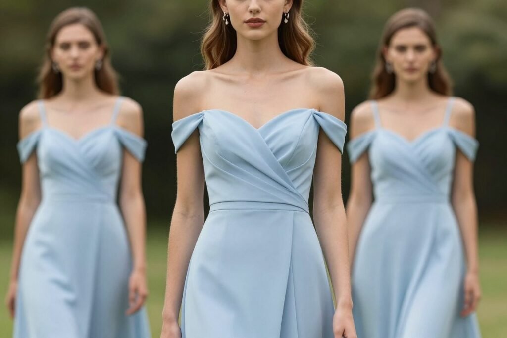 off-shoulder light blue bridesmaid dress showing neckline detail
