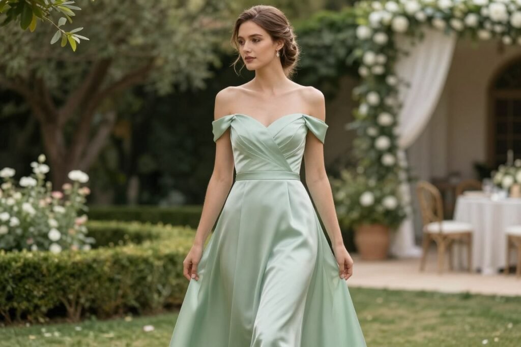 off-shoulder satin bridesmaid dress in sage green