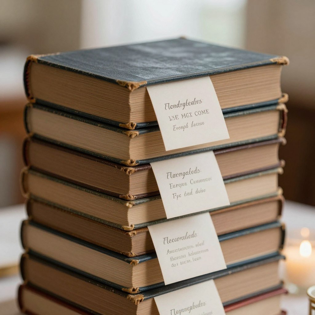 old books stacked with seating cards for literary wedding old books stacked with seating cards for literary wedding