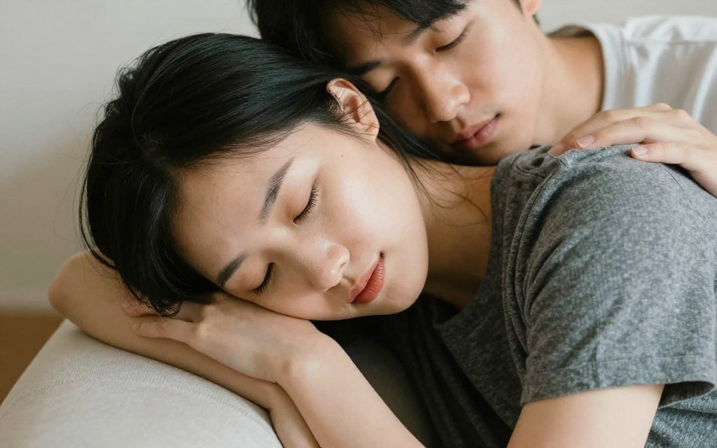 one partner leaning head on others shoulder lovingly one partner leaning head on others shoulder lovingly