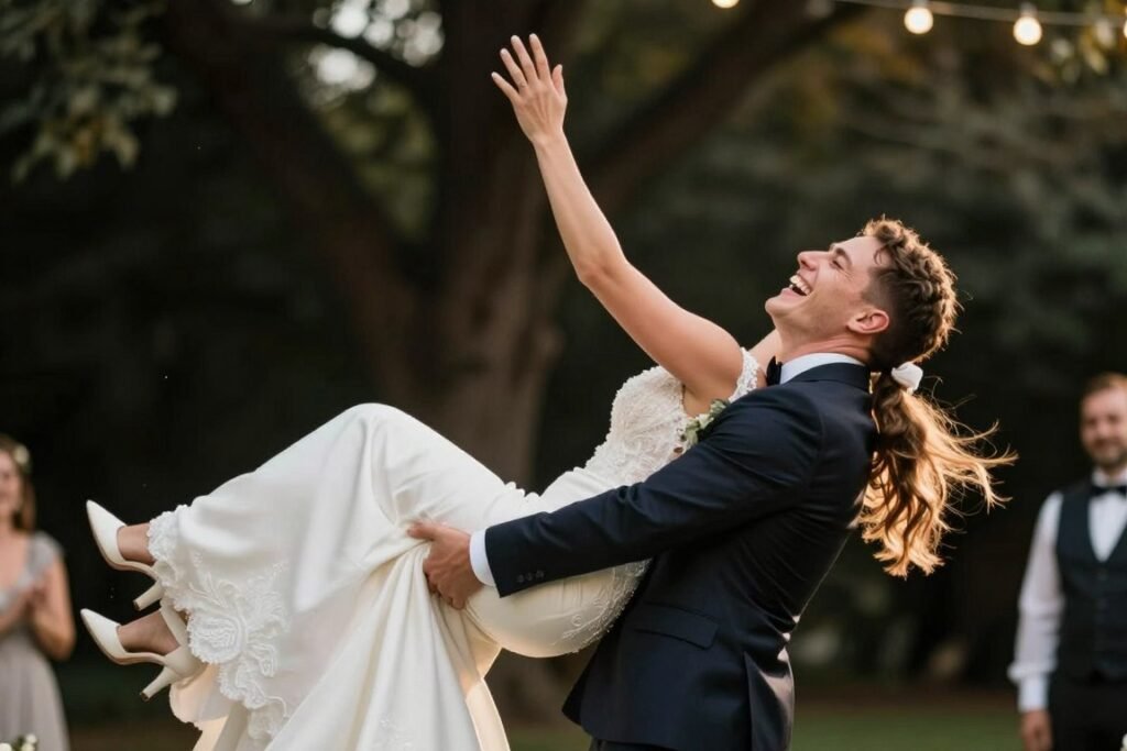 one partner lifting the other in joyful moment one partner lifting the other in joyful moment