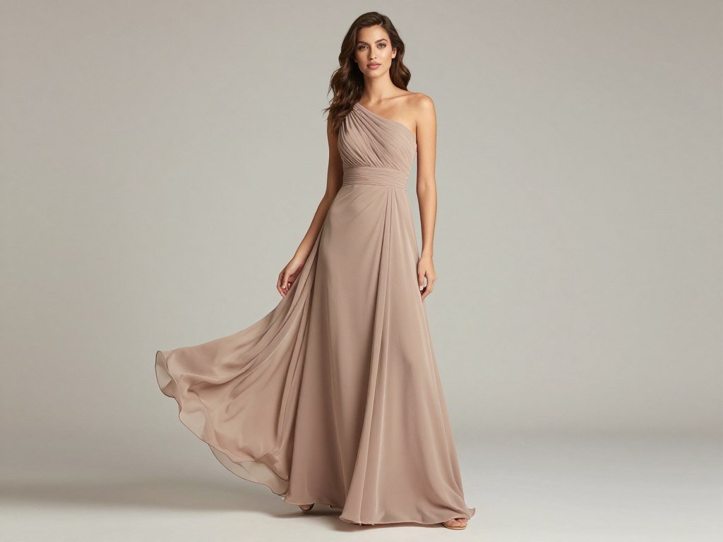 one shoulder chiffon neutral bridesmaid dress with flowing silhouette
