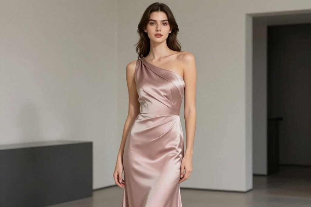 one shoulder dusty rose satin bridesmaid dress