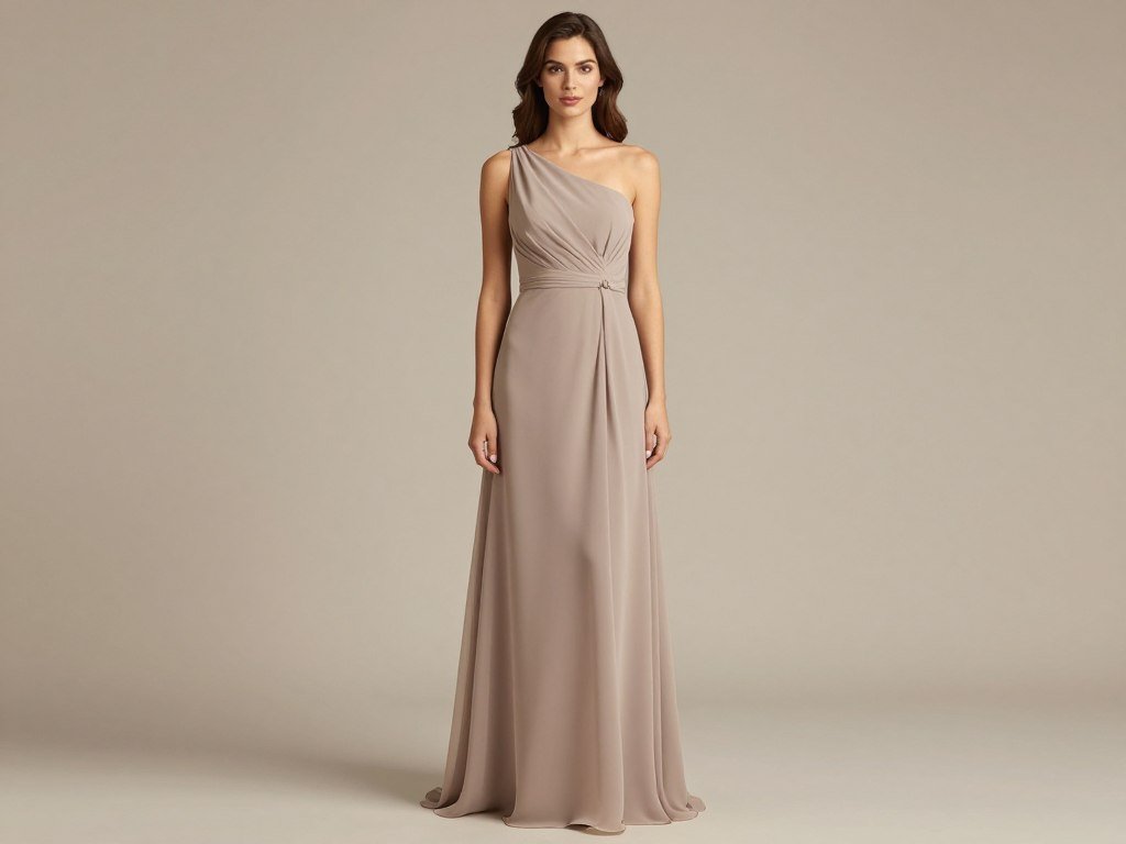 one shoulder neutral bridesmaid dress with flowing design