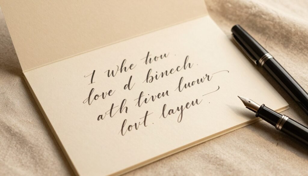 open bridesmaid proposal card showing handwritten message with calligraphy pen nearby