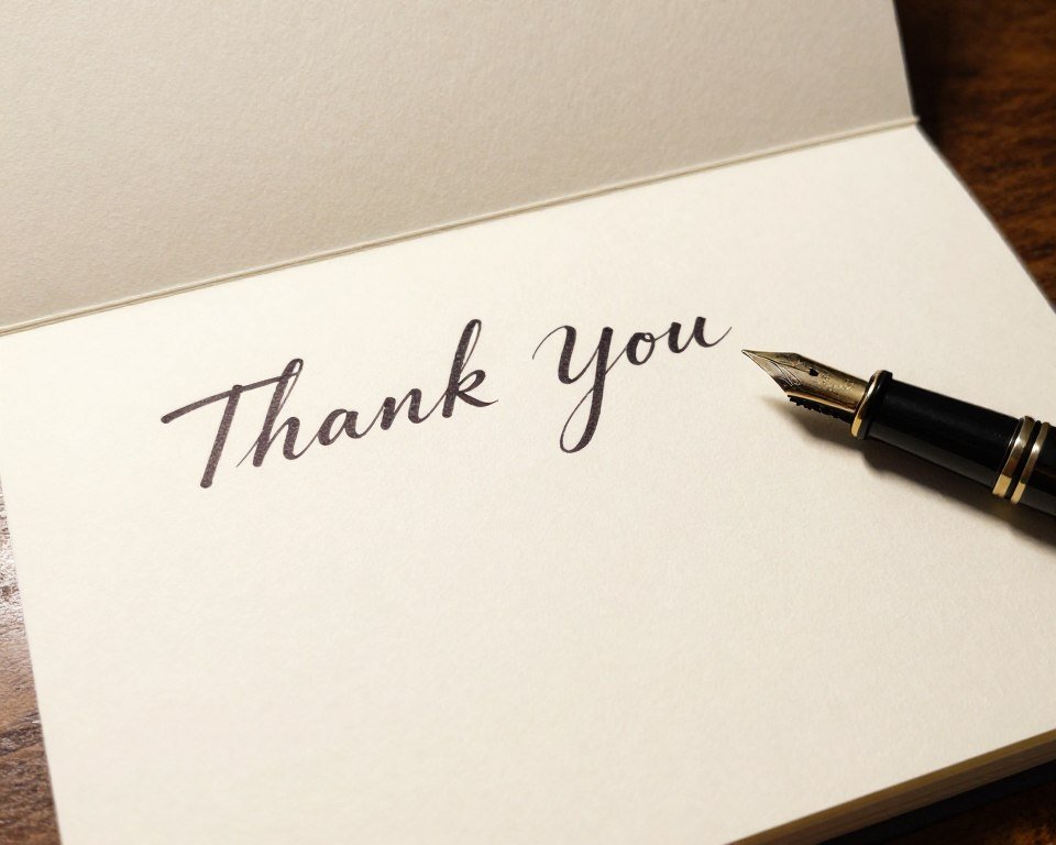 open thank you card showing handwritten message with elegant calligraphy