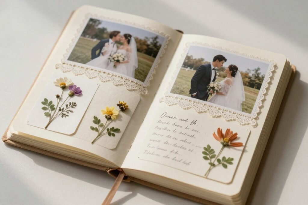 opened memorial scrapbook with wedding photos and handwritten cards