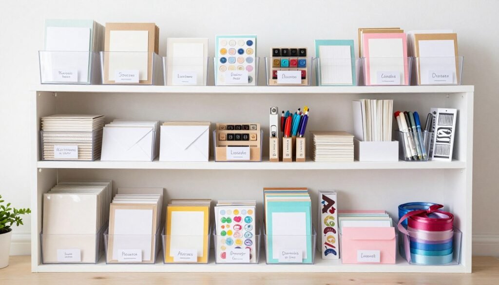 organized card supplies storage with various materials neatly arranged