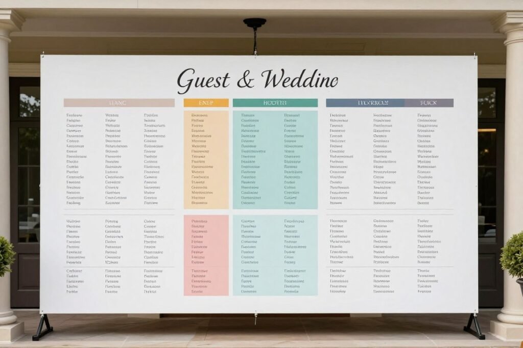 organized large wedding seating chart with clear sections