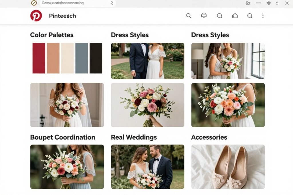 organized pinterest boards showing different categories for bridesmaid dress planning
