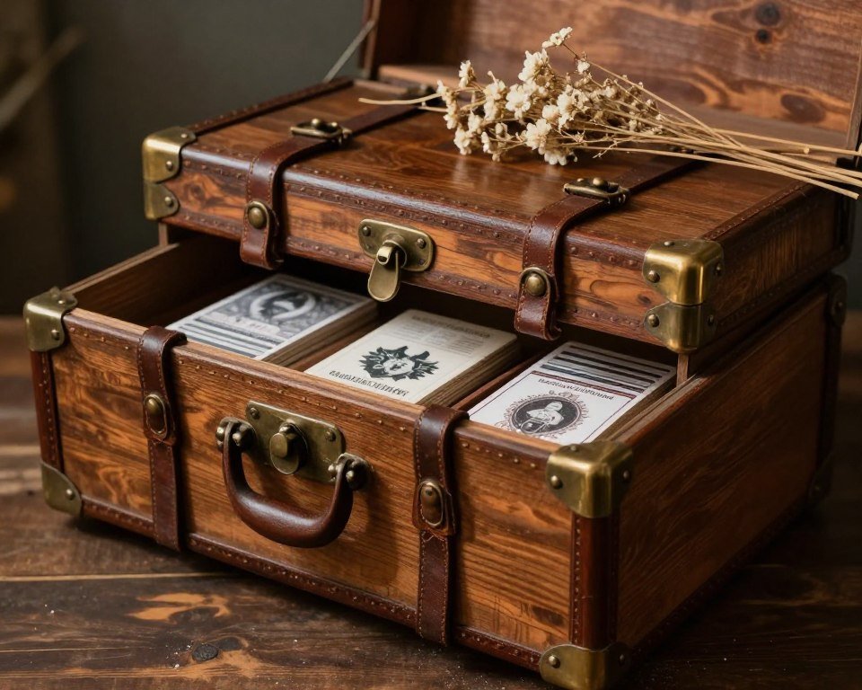 ornate antique wooden trunk with brass hardware used as wedding post box ornate antique wooden trunk with brass hardware used as wedding post box