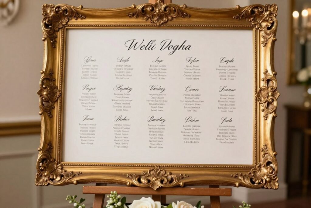 ornate gold framed wedding seating chart with elegant typography ornate gold framed wedding seating chart with elegant typography