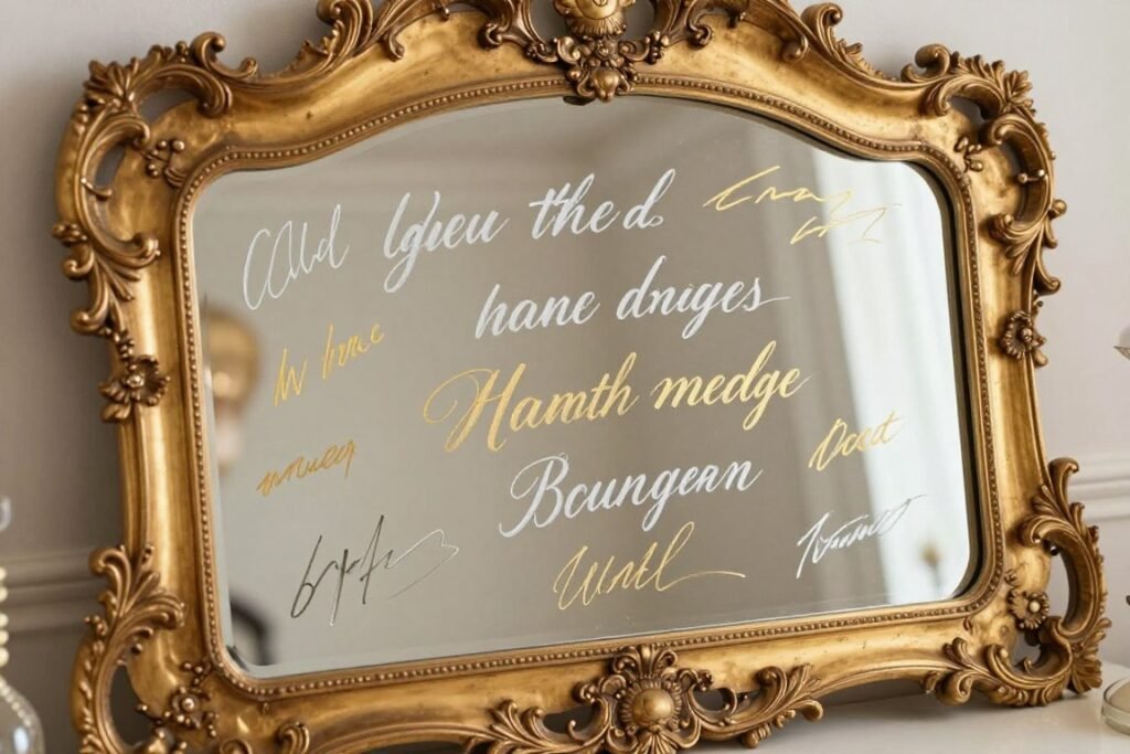ornate vintage mirror with guest signatures and well wishes written in white and gold markers ornate vintage mirror with guest signatures and well wishes written in white and gold markers