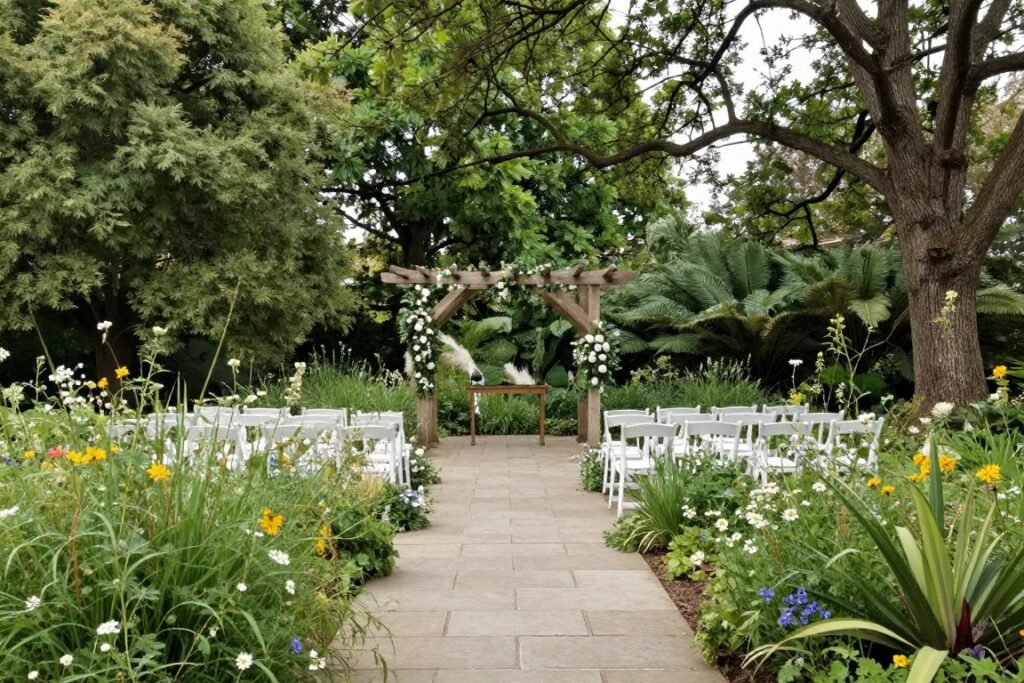 outdoor garden rustic wedding venue with natural landscaping