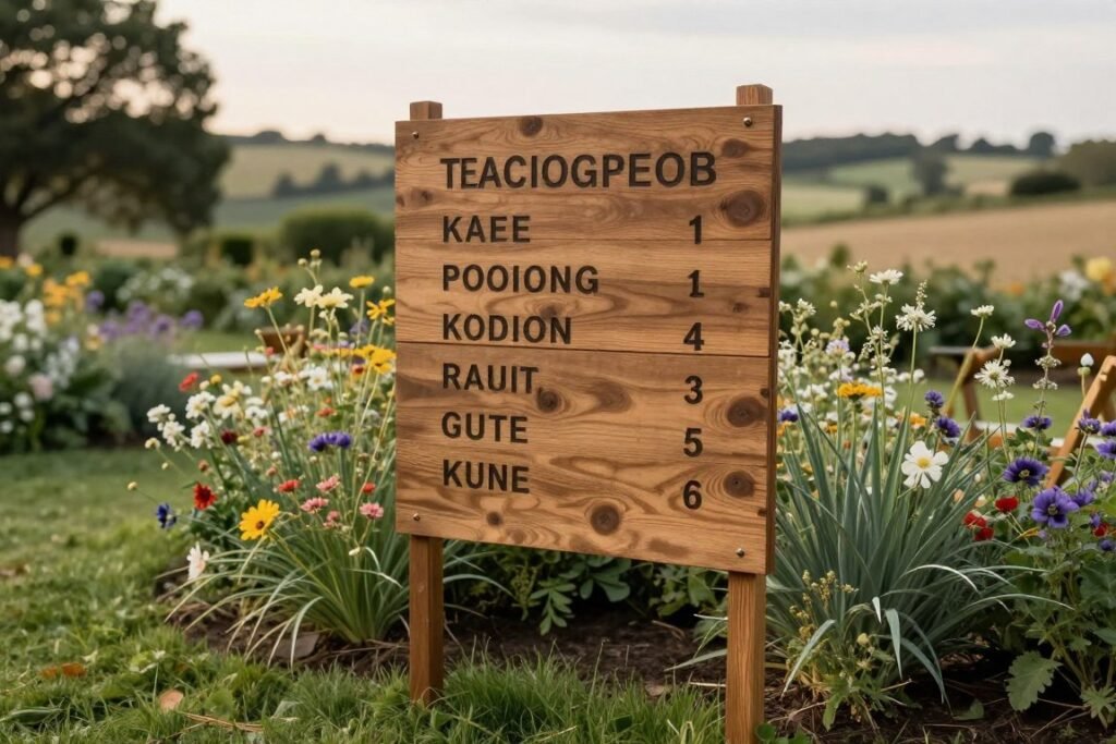 outdoor garden seating chart on wooden stake in grass outdoor garden seating chart on wooden stake in grass
