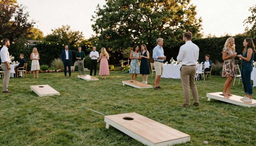 outdoor lawn games at casual micro wedding cocktail hour