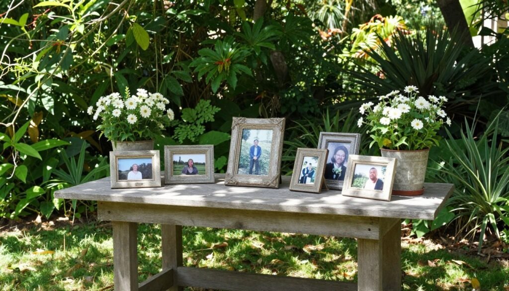 outdoor memorial table in garden setting