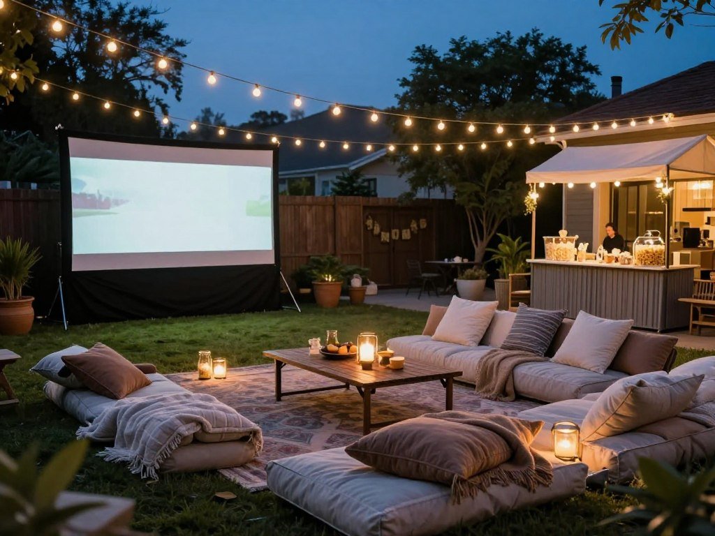 outdoor movie night engagement party with projector and seating