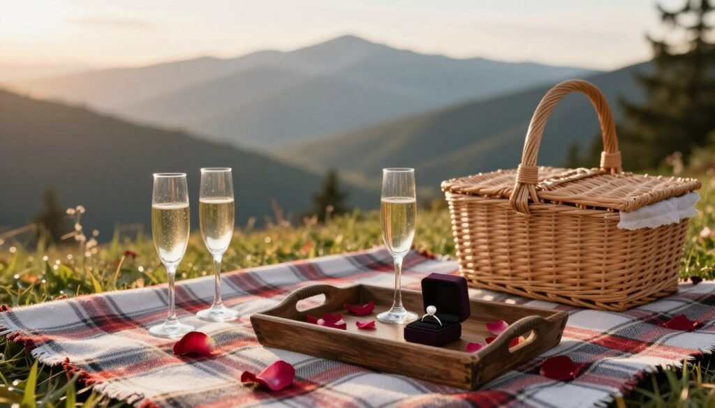 outdoor proposal setup with picnic blanket and mountain views outdoor proposal setup with picnic blanket and mountain views