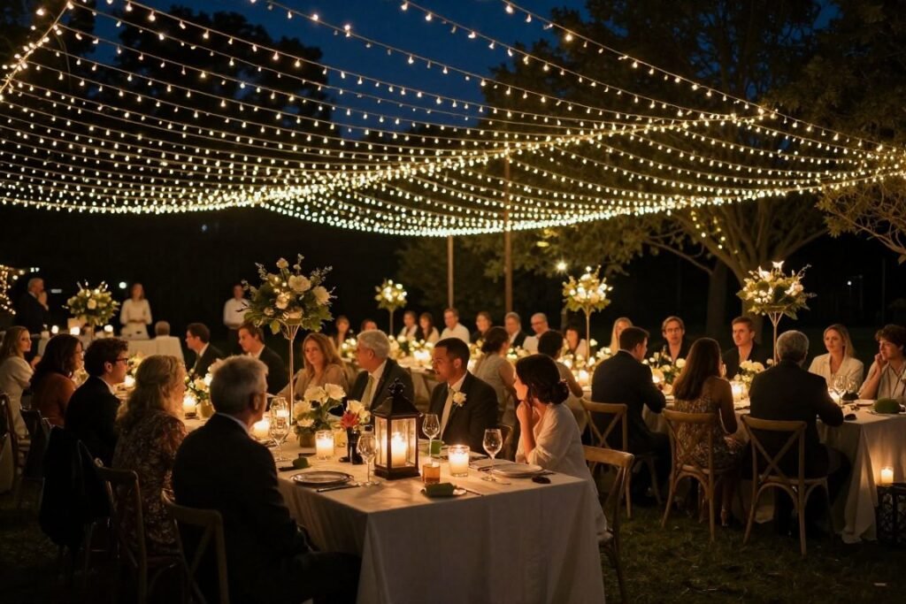 outdoor reception with string lights and lanterns