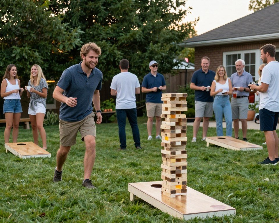 outdoor rehearsal dinner with lawn games and guests playing outdoor rehearsal dinner with lawn games and guests playing